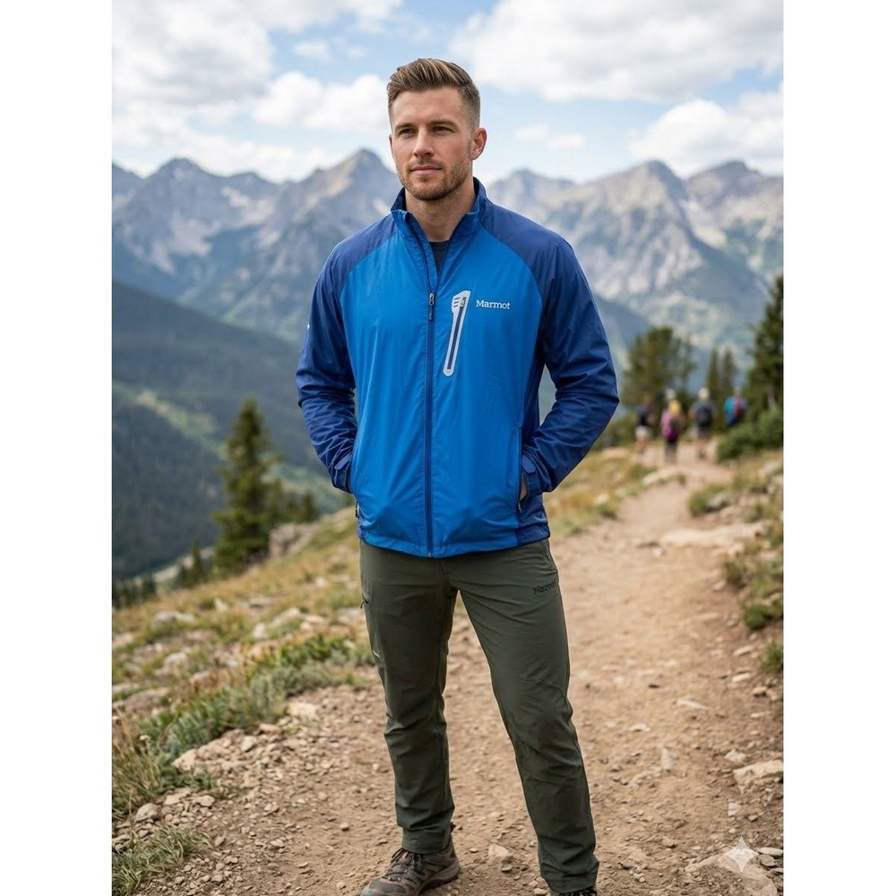 Marmot Mens Blue Full Zip Windbreaker Lightweight Hiking Jacket Large
